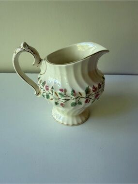 Ivory Ceramic Pitcher with Pink and Green Floral Vine